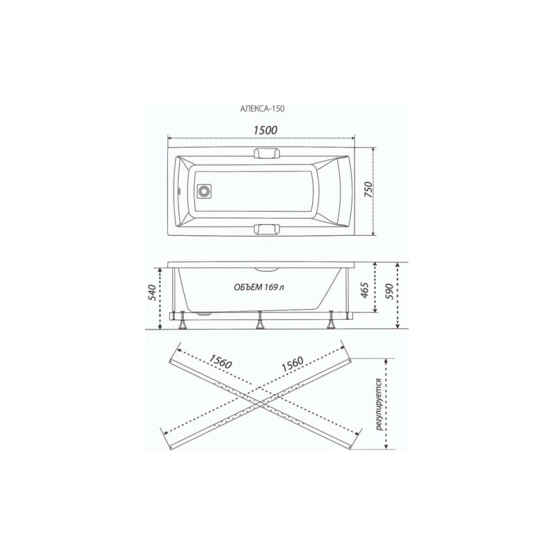 Ванна акрил. Triton Алекса 150x75 см прямоугольная, без экрана и каркаса, Щ0000049162