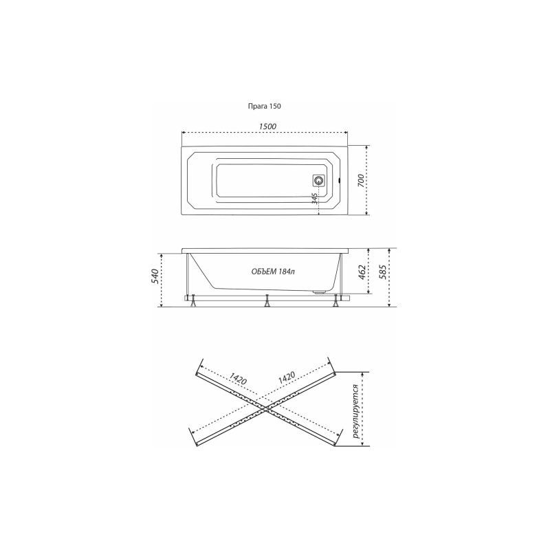 Ванна акрил. Triton Прага 150x70 см прямоугольная, с каркасом, без экрана, Щ0000050341