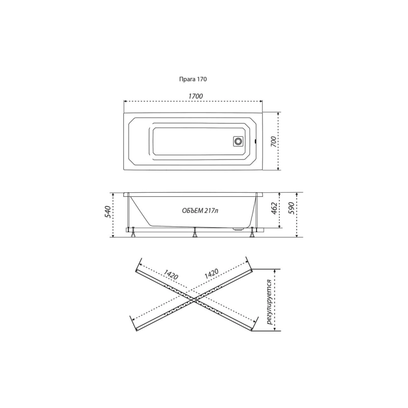 Ванна акрил. Triton Прага 170x70 см прямоугольная, с каркасом, без экрана, Щ0000050344