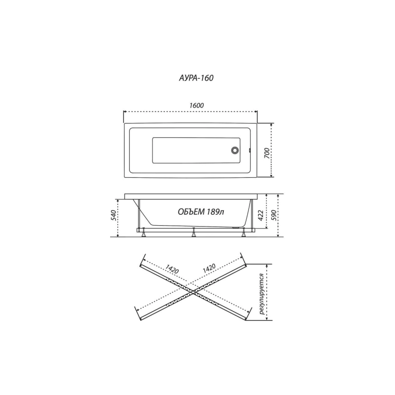 Ванна акрил. Triton Аура 160x70 см прямоугольная, без экрана и каркаса, Щ0000050545