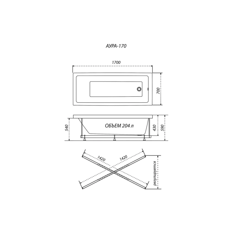 Ванна акрил. Triton Аура 170x70 см прямоугольная, с каркасом, без экрана, Щ0000043684