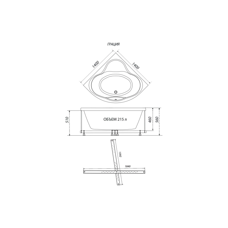 Ванна акрил. Triton Грация 140x140 см, без экрана и каркаса, угловая, Щ0000048049