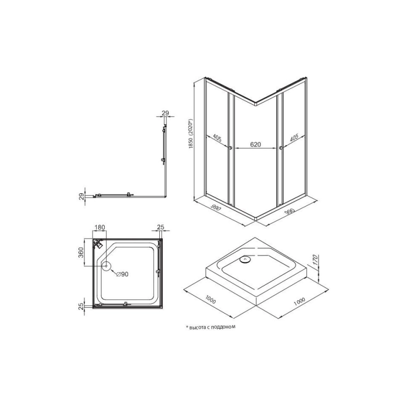 Душевое ограждение Вента 100x100 см, квадратная, поддон, каркас, сифон, хром, Щ0000049619