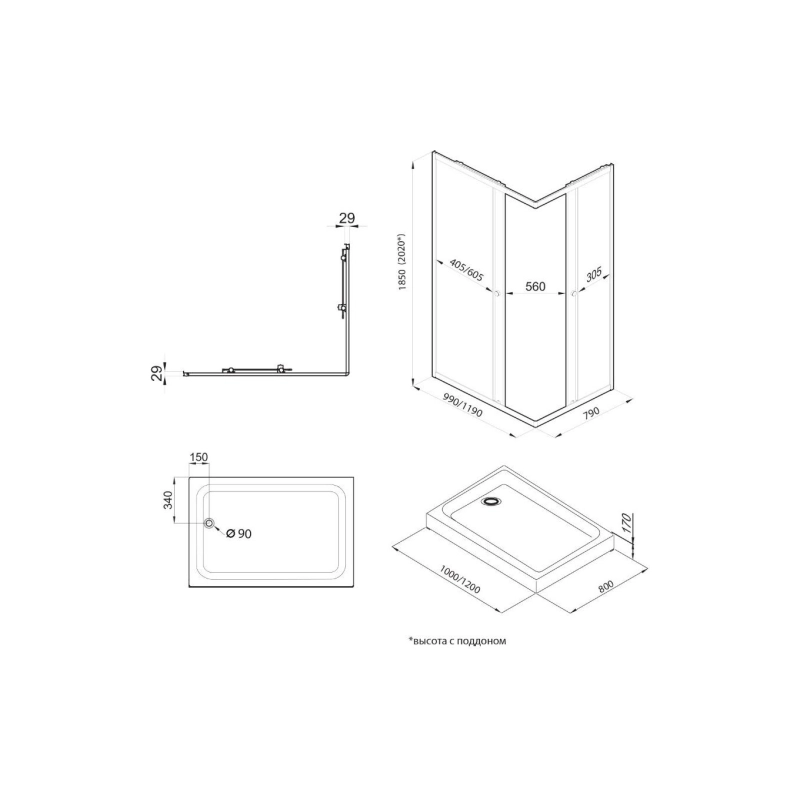 Душевое ограждение Вента 120x80 см, прямоугольная, поддон, каркас, сифон, хром, Щ0000049618