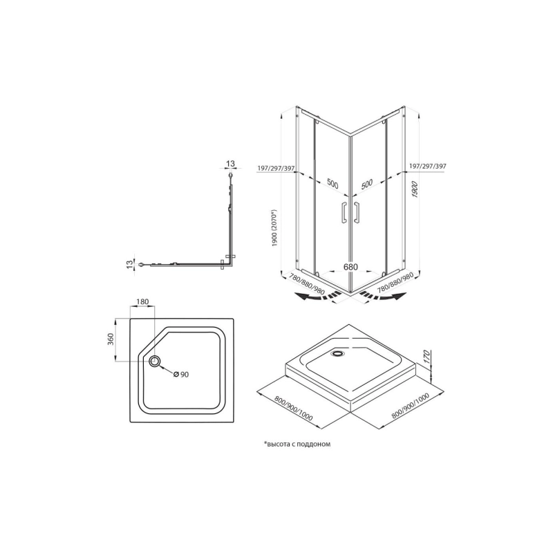 Душевая ширма Каппа 90х90 см, квадратная, б/поддона, хром, Щ0000054220