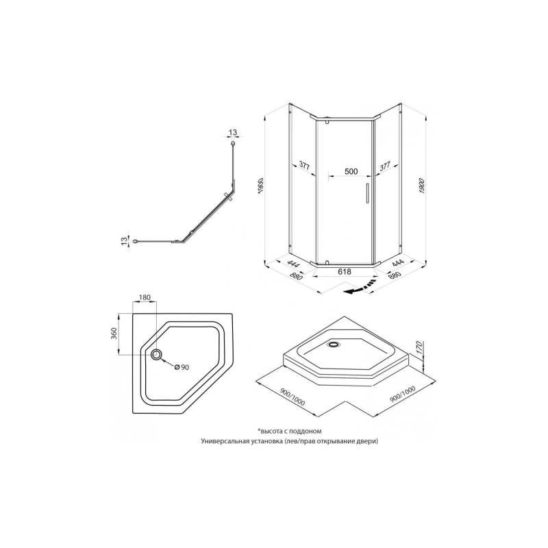 Душевая ширма Дека 90х90 см, пятиугольная, б/поддона, хром, Щ0000053608