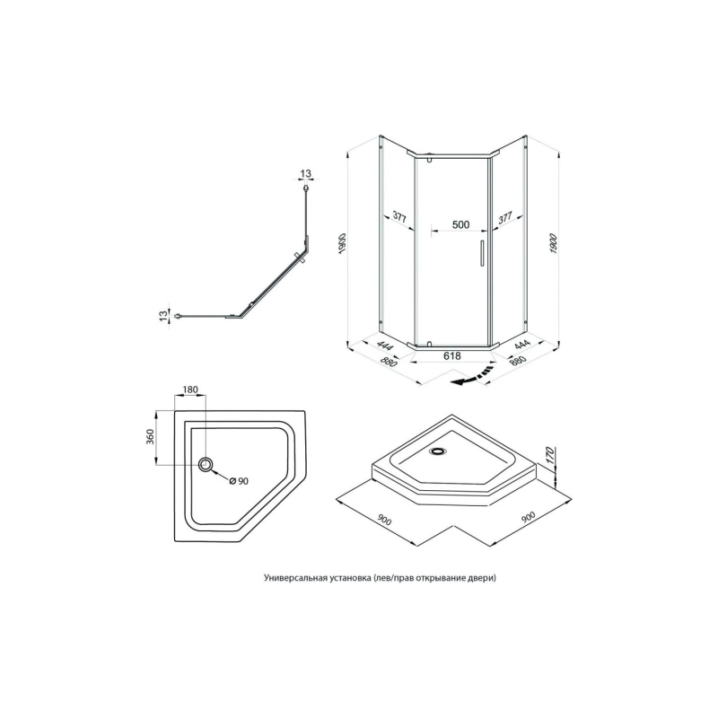 Душевое ограждение Дека 90x90 см, пятиугольная, поддон, каркас, сифон, хром, Щ0000053610