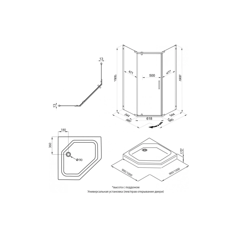 Душевая ширма Дека 100х100 см, пятиугольная, б/поддона, хром, Щ0000056789