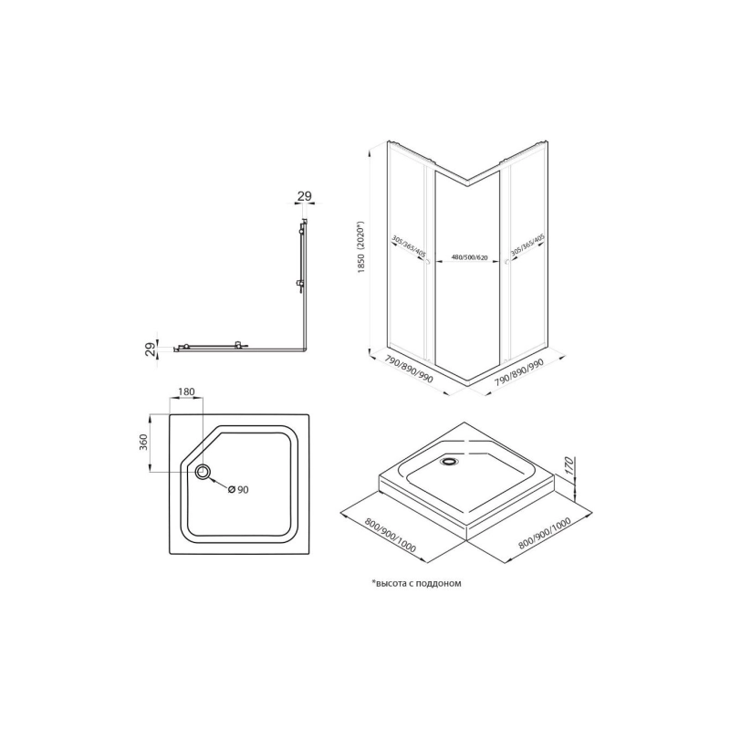 Душевое ограждение Вента 80x80 см, квадратная, поддон, каркас, сифон, черный, Щ0000057853