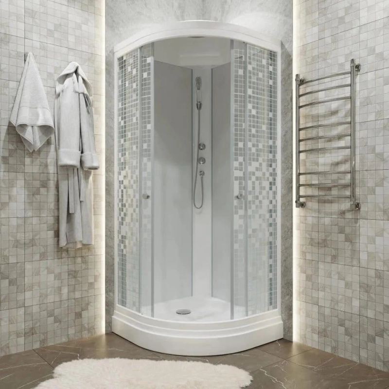 Душевая кабина Стандарт 100х100х231 см, 1/4 круга, поддон 17 см, стекло-мозайка, белый, Щ0000061828