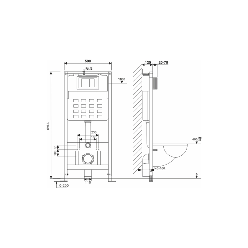 Система инсталляции WAVE 2-х режим., прямоуг. кнопка V2 черная, пневматика