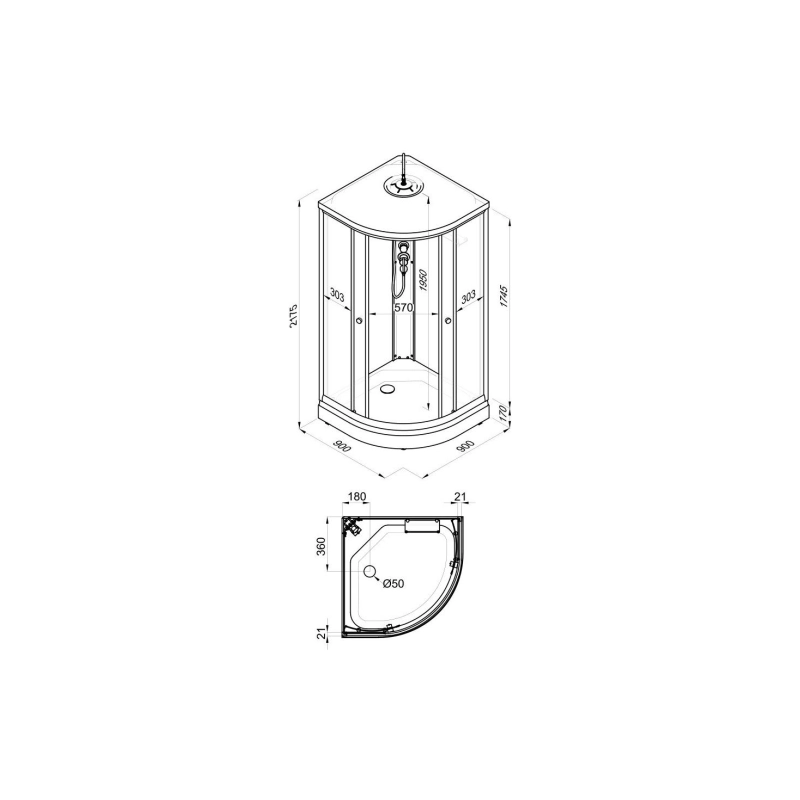 Душевая кабина Грэй 90х90х218 см, 1/4 круга, поддон 17 см, экран, черный, Щ0000067302