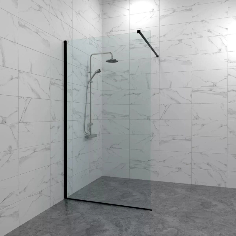 Душевая перегородка Плано 80х200 см, прозрачное стекло, б/поддона, черный, Щ0000072405