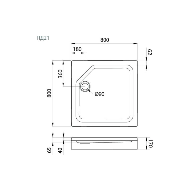 Душевой поддон акрил. ПД21 80х80х17 см, квадратный, съемный экран, каркас, б/сифона, Щ0000038719