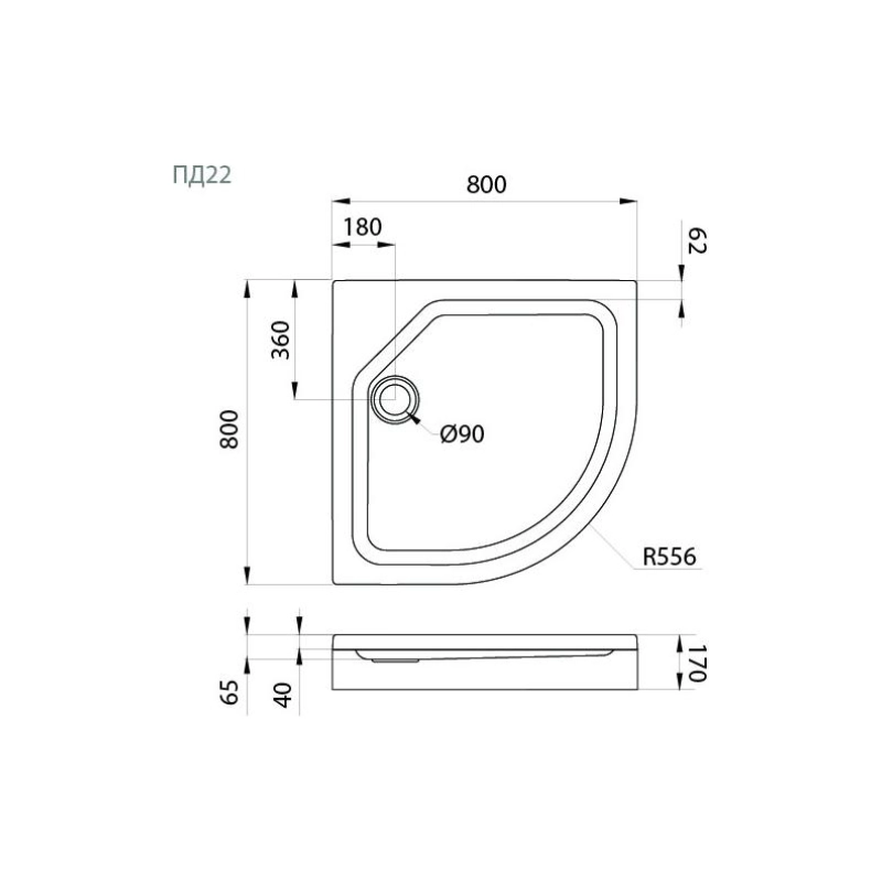 Душевой поддон акрил. ПД22 80х80х17 см, 1/4 круга, съемный экран, каркас, б/сифона, Щ0000038720