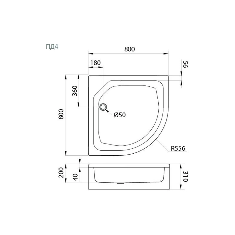 Душевой поддон акрил. ПД20 80х80х31 см, 1/4 круга, съемный экран, каркас, б/сифона, Щ0000072394