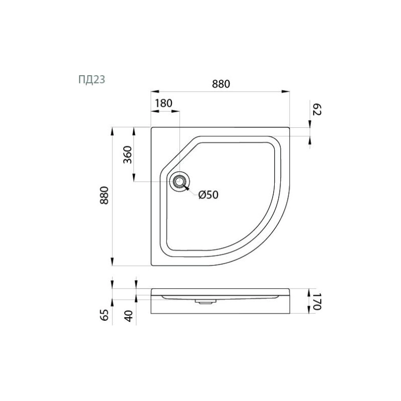 Душевой поддон акрил. ПД23 88х88х17 см, 1/4 круга, съемный экран, каркас, б/сифона, Щ0000038721