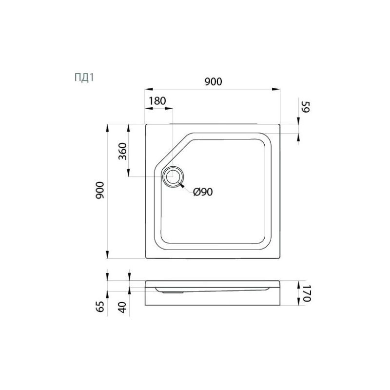 Душевой поддон акрил. ПД1 90х90х17 см, квадратный, съемный экран, каркас, б/сифона, Щ0000004026