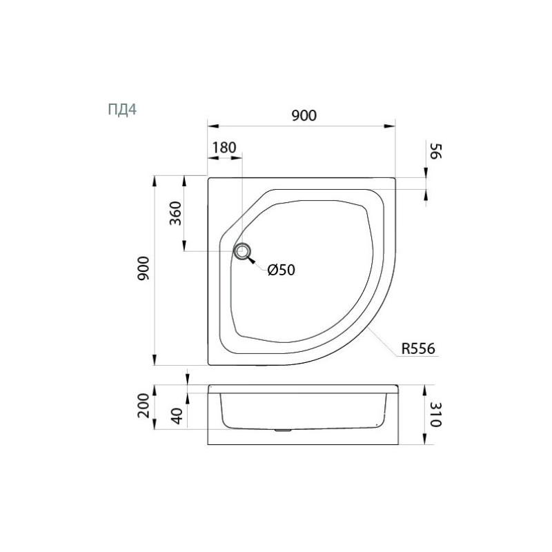 Душевой поддон акрил. ПД4 90х90х31 см, 1/4 круга, съемный экран, каркас, б/сифона, Щ0000013013