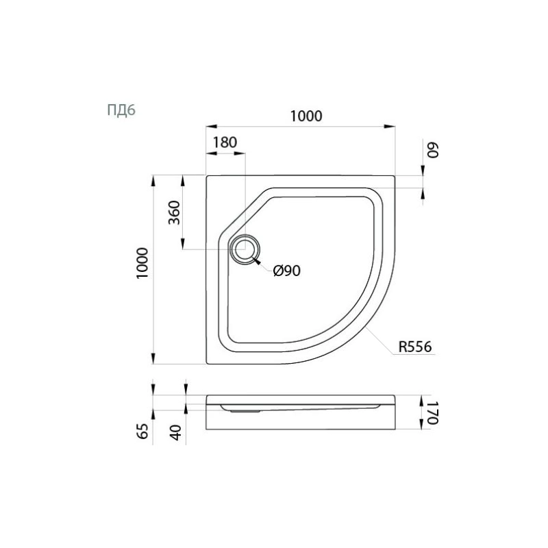 Душевой поддон акрил. ПД6 100х100х17 см, 1/4 круга, съемный экран, каркас, б/сифона, Щ0000014391
