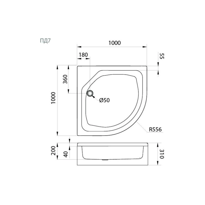 Душевой поддон акрил. ПД7 100х100х31 см, 1/4 круга, съемный экран, каркас, б/сифона, Щ0000014634