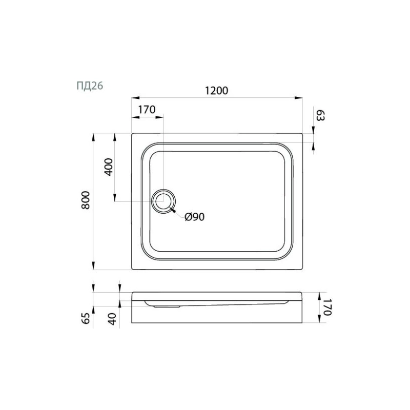 Душевой поддон акрил. ПД26 120х80х17 см, прямоугольный, съемный экран, каркас, б/сифона, Щ0000042952