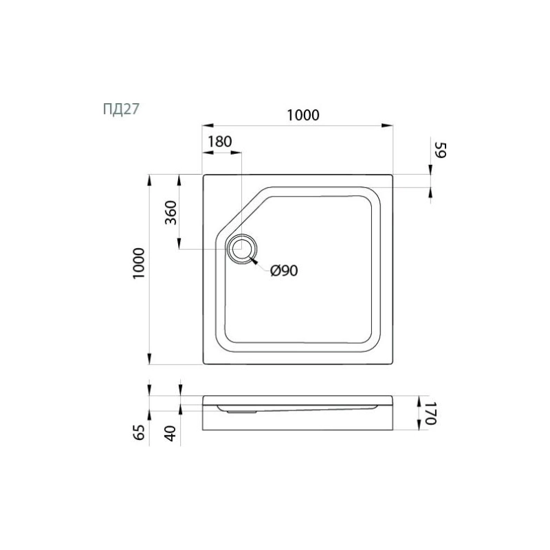 Душевой поддон акрил. ПД27 100х100х17 см, квадратный, съемный экран, каркас, б/сифона, Щ0000050808