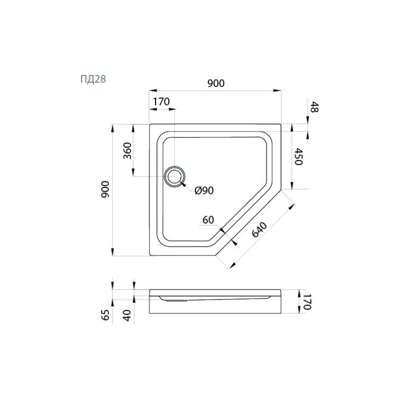 Душевой поддон акрил. ПД28 90х90х17 см, многоуг., съемный экран, каркас, б/сифона, Щ0000052850