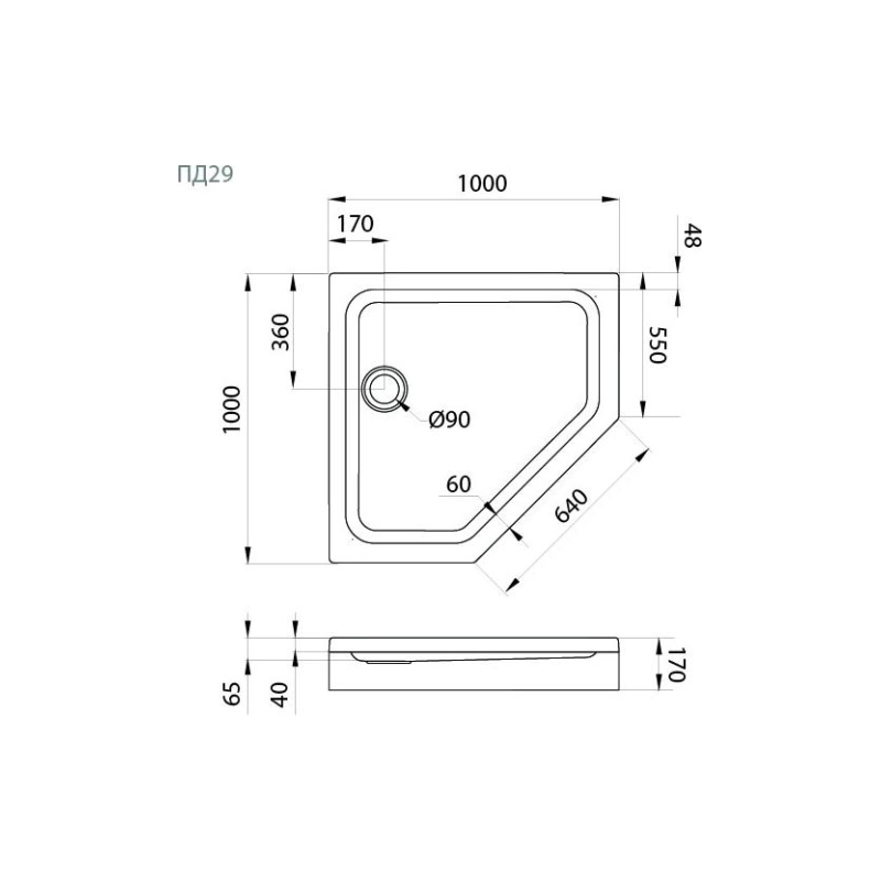 Душевой поддон акрил. ПД29 100х100х17 см, многоуг., съемный экран, каркас, б/сифона, Щ0000056825