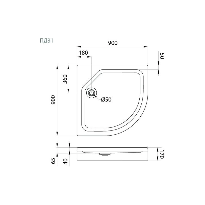 Душевой поддон акрил. ПД31 90х90х17 см, 1/4 круга, съемный экран, каркас, б/сифона, Щ0000066910