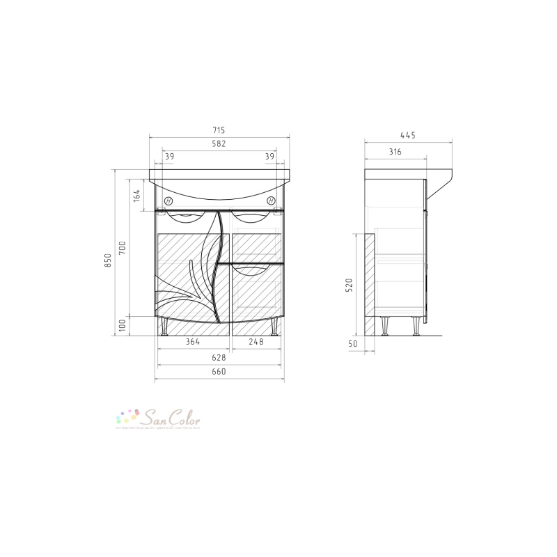 Тумба VOLNA Adel 70 66х80х31,6 см, напольная, 1д. 2я., под умыв. Балтика 70, белый глянец, 115416