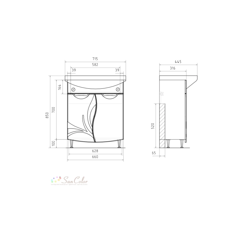 Тумба VOLNA Adel 70 66х80х31,6 см, напольная, 2д., под умыв. Балтика 70, белый глянец, 115413