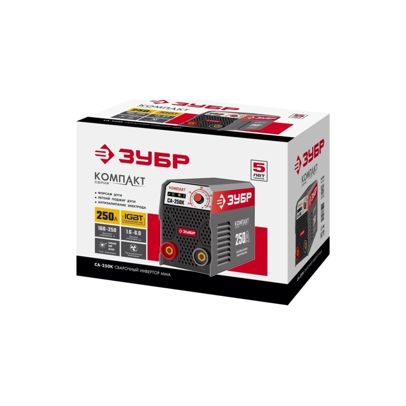 Сварочный аппарат ЗУБР ММА, 250 А, КОМПАКТ инверторный, макс. электрод , Ø 6.0 мм (СА-250К)