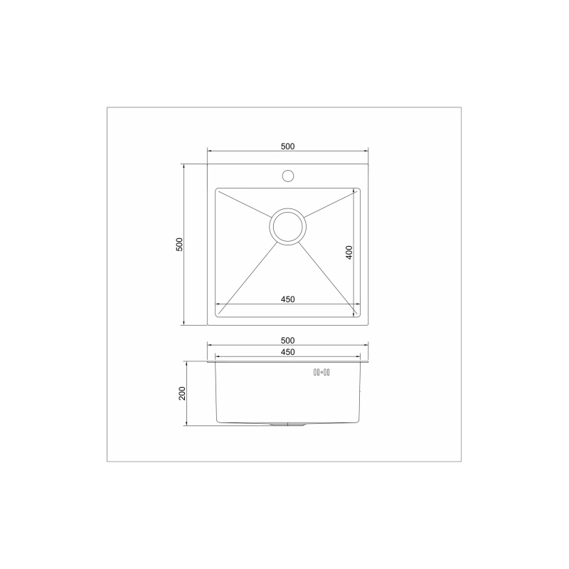 Мойка настол. монтаж 50*50 (2,0) вып 3 1/2 20см с сифоном (сатин) Mixline PRO