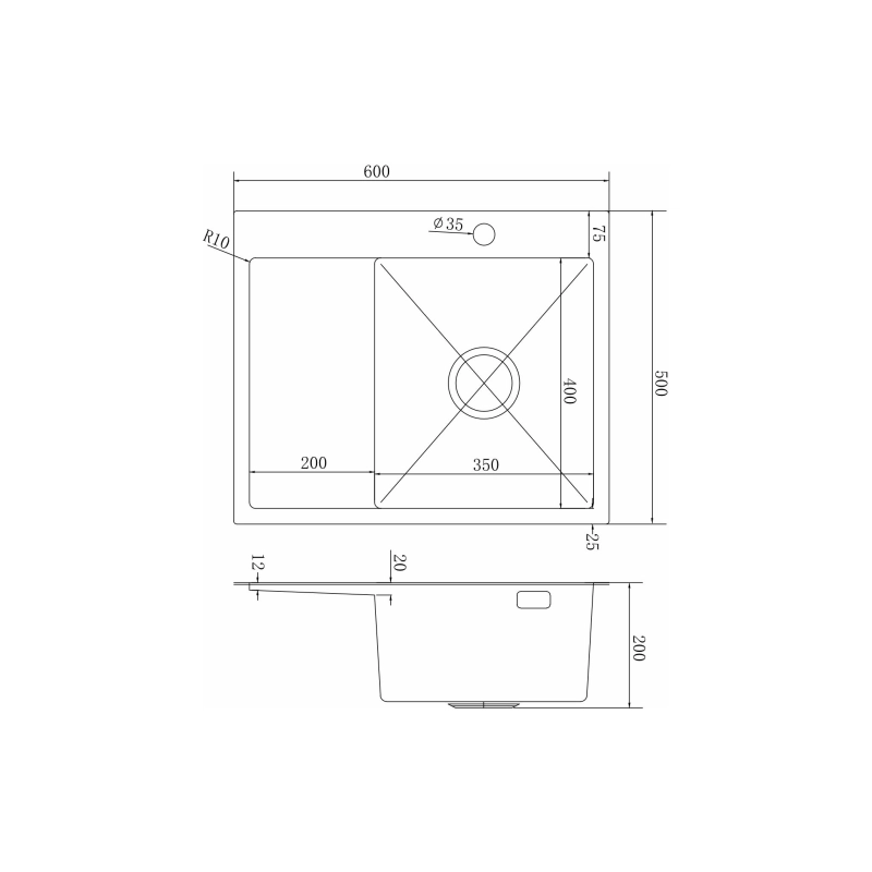 Мойка настол. монтаж 60*50 (3,0) прав.вып 3 1/2 20см с сифоном (сатин) Mixline PRO с Фаской
