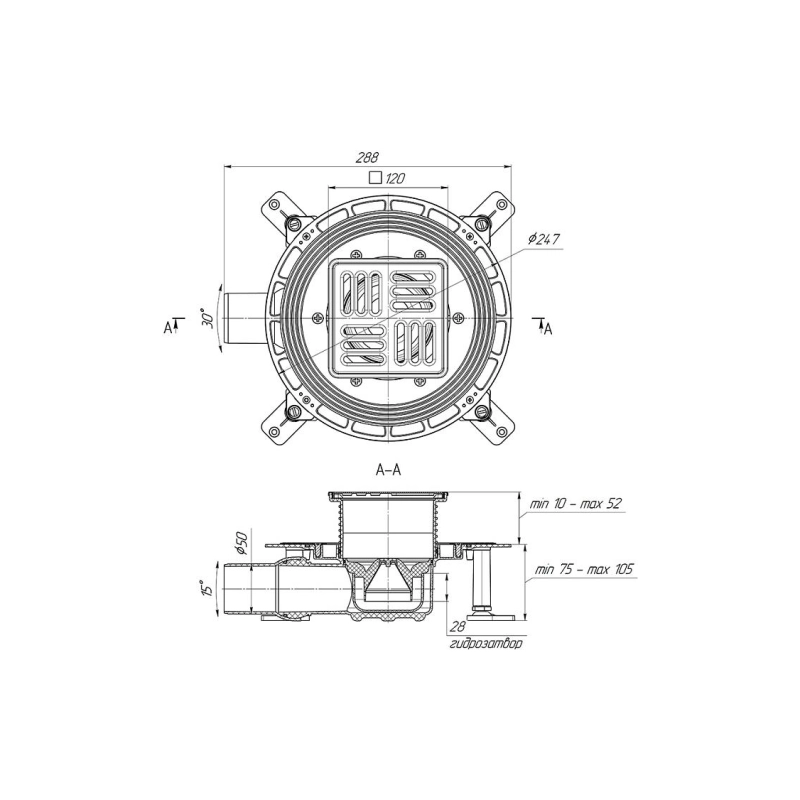 TVZ5614M Трап д/душа гор регул с комб затв, реш-кой и обрешеткой из нерж стали 120*120мм (выпуск ф50