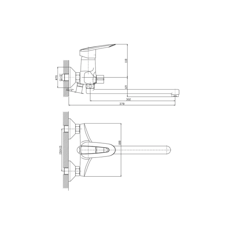 HB2207 Смеситель HAIBA д/ванны длин.излив, однорыч. переключ. в корпусе хром